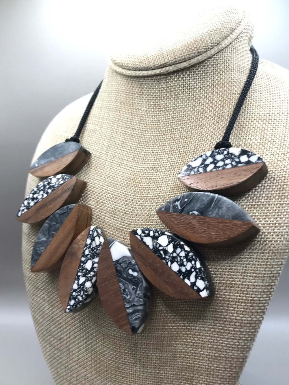 Black, White & Brown Geometric Wood & Resin Statement Necklace - Picture 3 of 7